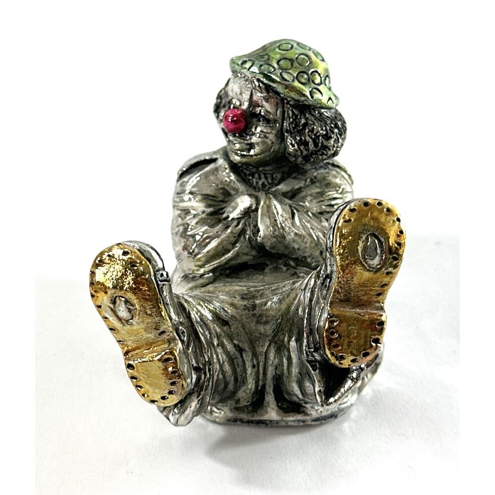 Italian Silver Plated Clown Figurine Red Nose Resin Sculpture 3” Vintage - Picture 4 of 7